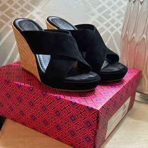 Tory Burch Black and Tan Wedge Sandals